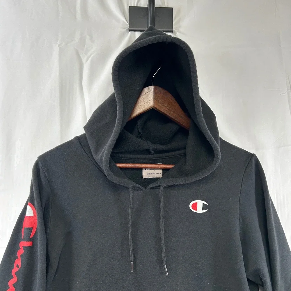 Champion Hoodie Youth Boy Large Black Red Script Sleeve Logo Pullover Sweatshirt